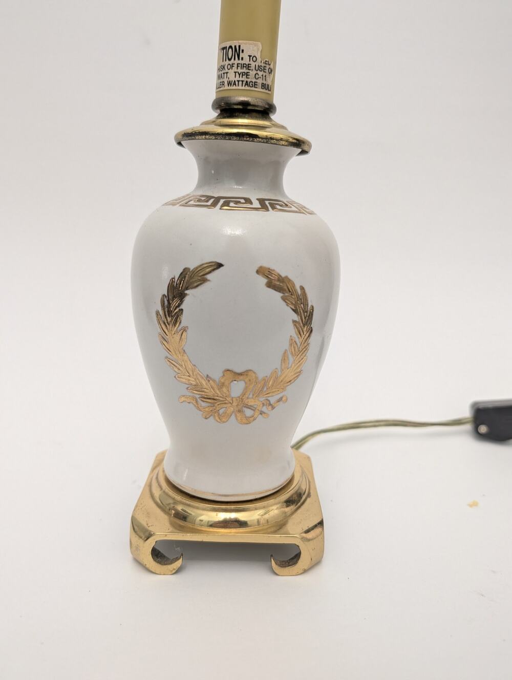 Porcelain and Brass Boudoir Lamp 9" Hollywood Regency Gold Cream Laurel Wreath